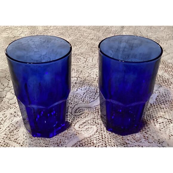 2 Libbey Crisa Glass Cobalt Blue Tumblers 8 Panel Heavy Glasses 5.5" Vintage - Picture 3 of 11